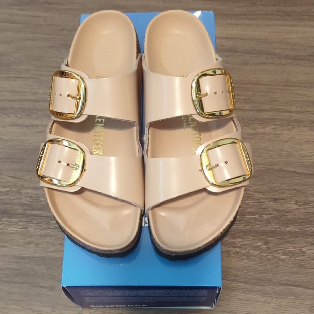 BNIB Sz 38 Staud X Birkenstock Beige High Shine Arizona Sandals